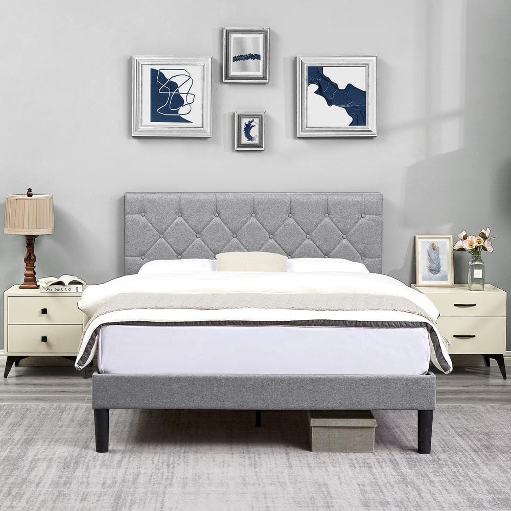 VECELO Upholstered Bed, Platform Bed With Adjustable Headboard, Wood ...