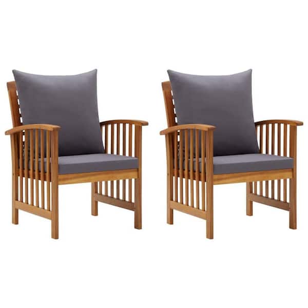 Mia Slatted Acacia Wood Patio Outdoor Lounge Dining Chair Set with Gray Cushions Set of 2