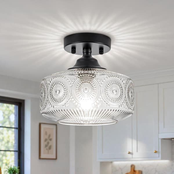 BeamHaven 9.5 in. Drum Matte Black Kitchen Semi-Flush Mount Ceiling Light with Flower Shade for Island Hallway Bedroom