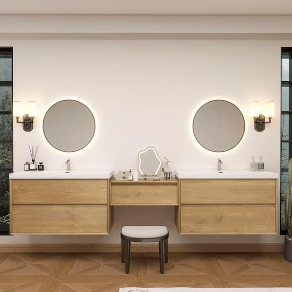 Kingdee 112 in. W x 20 in. D x 26 in. H Double Sink Middle Table Counter Bath Vanity in Teak Oak with White Acrylic Top