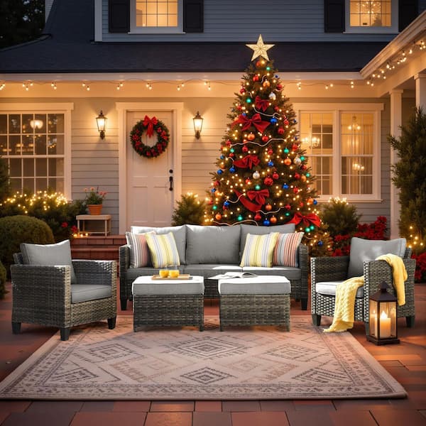 OVIOS New Vultros Gray 5-Piece Wicker Outdoor Patio Conversation Seating Set with Dark Gray Cushions