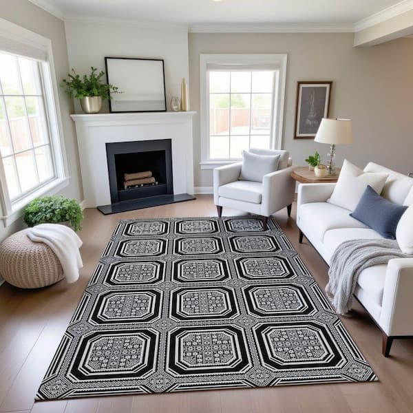 Mayfield Premium Machine Washable Abstract AMF1451 Black 3 ft. x 4 ft. Area Rug