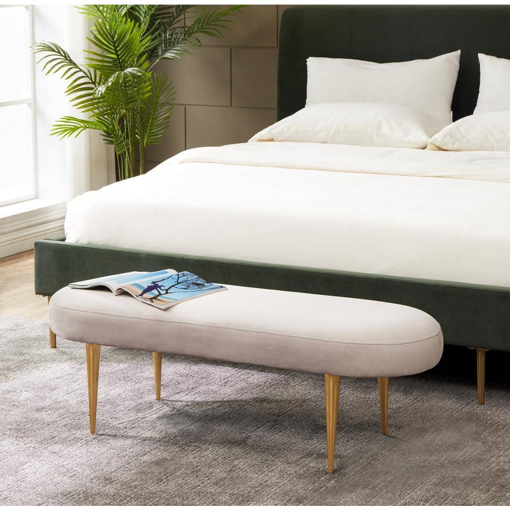 Elegant Glamour Pale Taupe Velvet Oval Bench with Retro Gold Legs