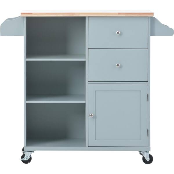 Tileon Grey Blue Rubber Wood 41.3 in. Kitchen Island with Door, Drawers, Open Shelves and Spice Rack & Towel Rack