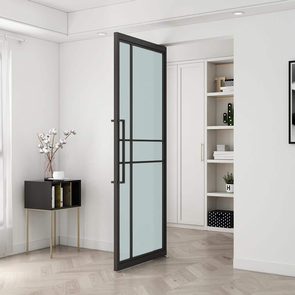 Black Steel Full Lite Frosted Glass Interior Pivot Door
