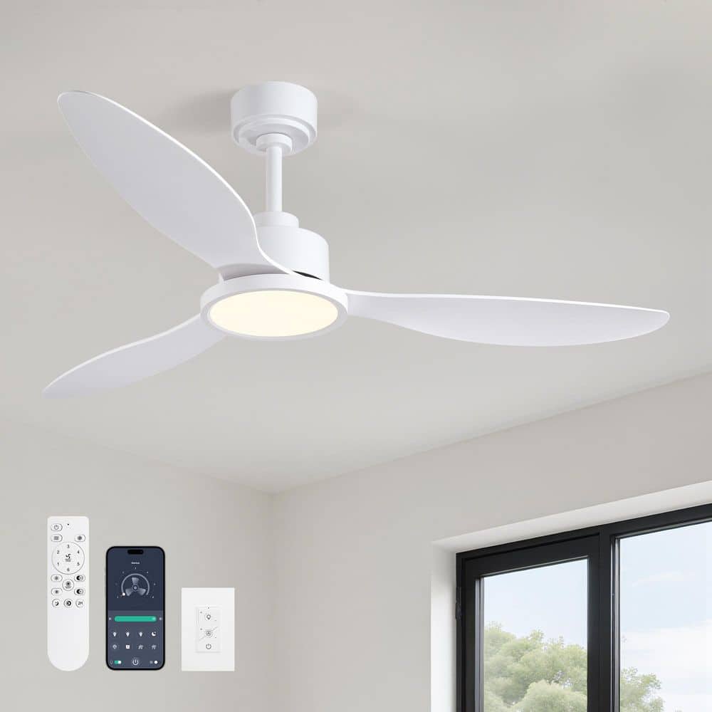 52 in. Smart Downrod Mount Dimmable Integrated LED White 3 Blades Standard Ceiling Fan with Light Kit and Remote Control price history on PriceWatchPro
