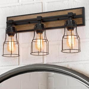 Black Vanity Light 3-Light Farmhouse Vanity Light Industrial Wall Sconce Bathroom Wall Light with Faux Wood Accents