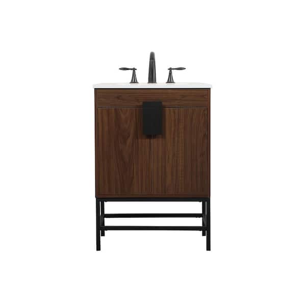Unbranded Simply Living 24 in. W x 19 in. D x 33.5 in. H Bath Vanity in Walnut with Ivory White Engineered Marble Top