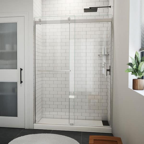 Sapphire-V 54 in. W x 76 in. H Sliding Semi Frameless Bypass Shower Door in Brushed Nickel with Clear Glass