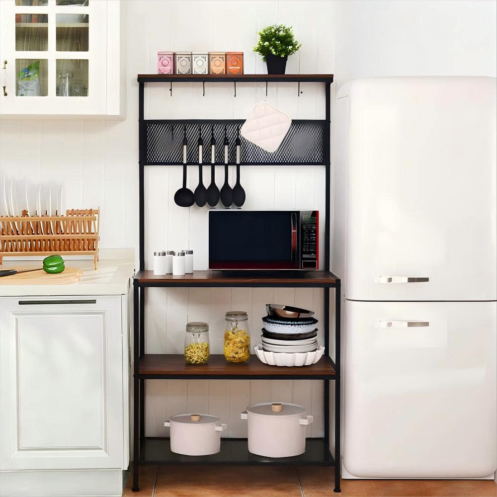 4-Tier Kitchen Brown Pantry Organizer with Hooks and Mesh Panel