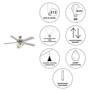 Spottswood 52 in. Indoor Brushed Nickel Traditional 3-Light Ceiling Fan with Light, Pull Chains, and 5 Reversible Blades