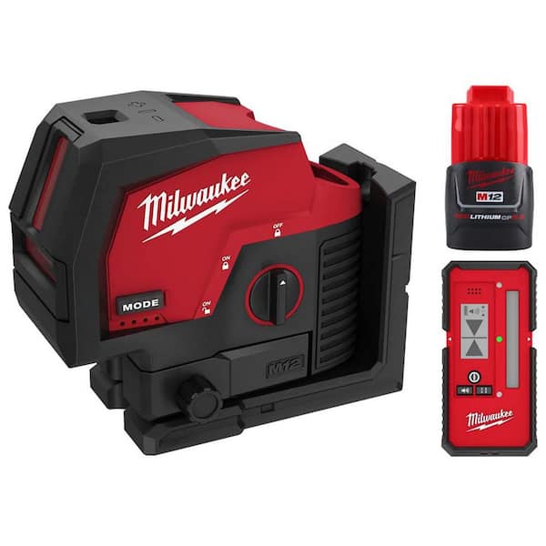 M12 12-Volt Lithium-Ion Cordless Green 125 ft. Cross Line & Plumb Points Laser Level w/ Detector & M12 2.0 Ah Battery