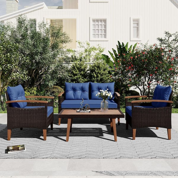 Unbranded Brown 4-Piece Wicker Outdoor Patio Sectional Set, PE Rattan Conversation Set with Blue Cushions, Wood Table and Legs