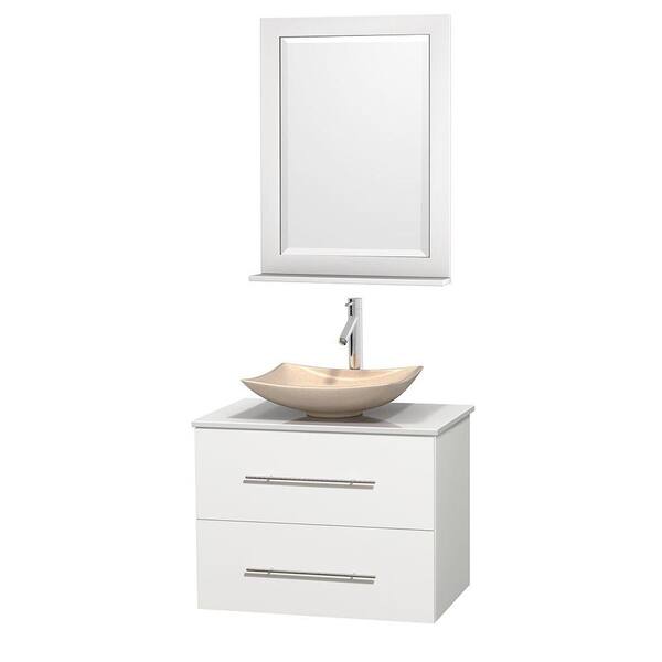Wyndham Collection Centra 30 in. Vanity in White with Solid-Surface Vanity Top in White, Ivory Marble Sink and 24 in. Mirror