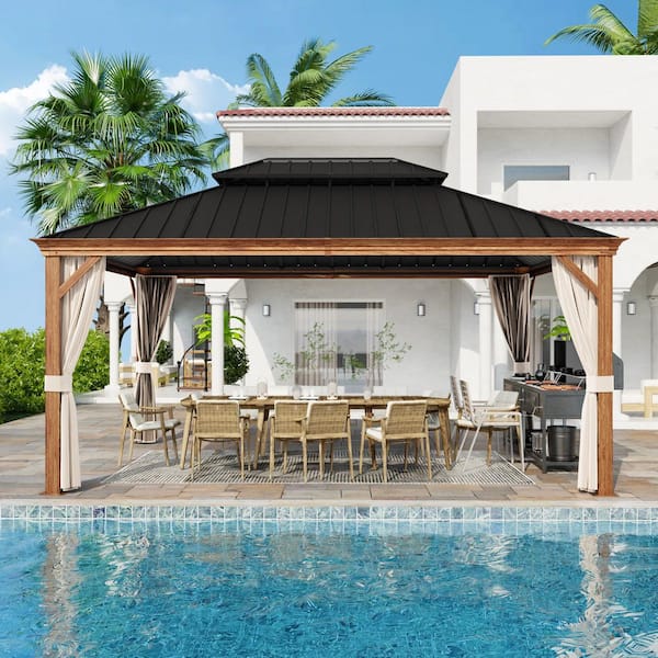 12 ft. x 16 ft. Outdoor Patio Aluminum Frame Gazebo with Double Hardtop Steel Roof, Mosquito Net and Curtains