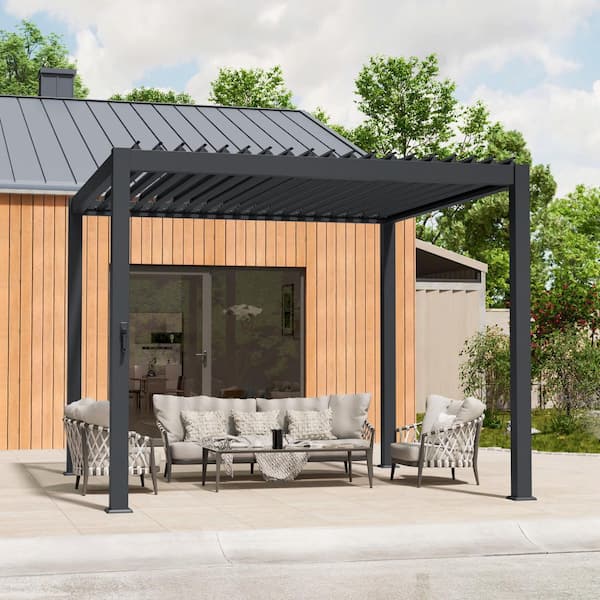JOYESERY 10 ft. x 10 ft. Modern Aluminum Frame Pergola for Outdoor Garden with Adjustable Louvered Roof, Charcoal Gray