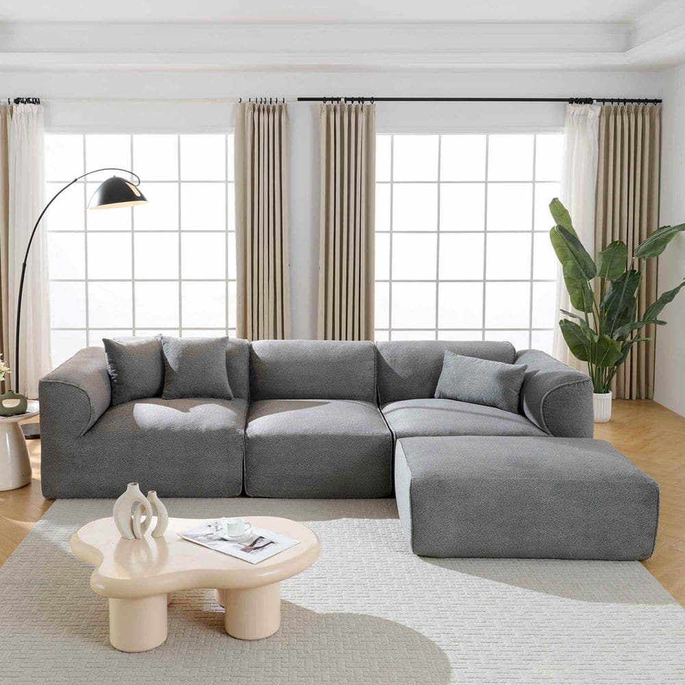 122.1 in. Square Arm Polyester Sectional Sofa with a detachable footstool, 3 throw pillows in. Gray
