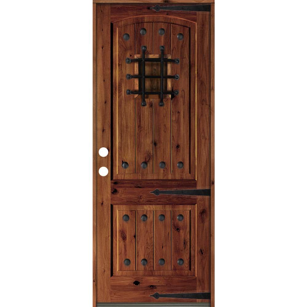 32 in. x 96 in. Mediterranean Knotty Alder Arch Top Red Chestnut Stain Right-Hand Inswing Wood Single Prehung Front Door price history on PriceWatchPro