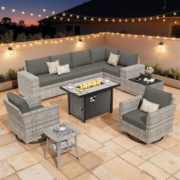 Baldwin Gray 10-Pieces Wicker Wide Arm Outdoor Patio Sofa Sectional Set with Metal Fire Pit and Black Cushions