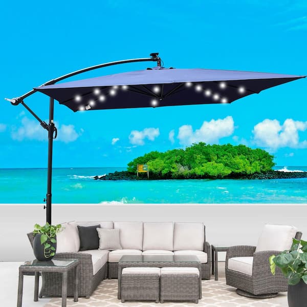8 ft. x 8 ft. Square Steel Outdoor 8-Rib 8-Rib LED Market Patio Umbrella in Navy Blue with Crank and Cross Base