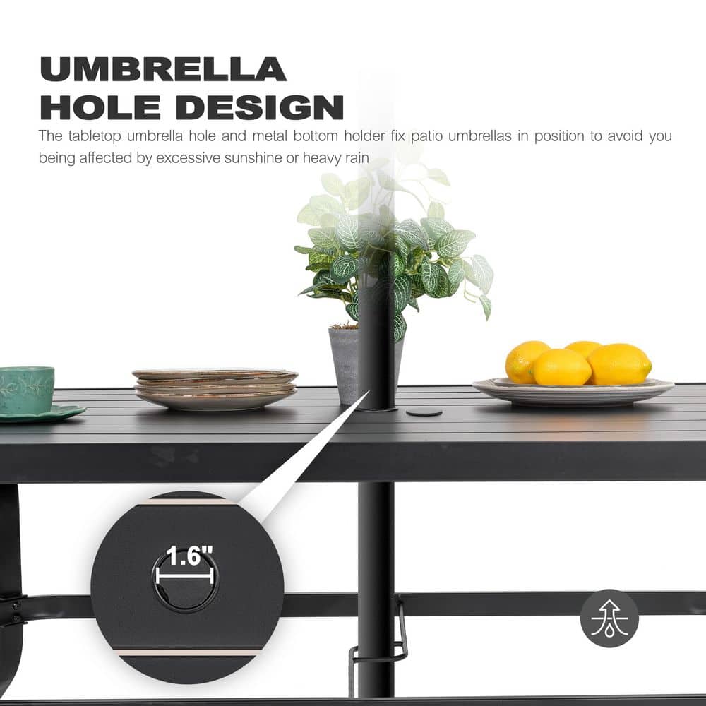 Close-up of the 1.6 inch umbrella hole on the black metal patio table.