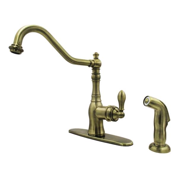 Kingston Brass American Classic Deck Mount Single Handle Standard Kitchen Faucet with Sprayer in Antique Brass