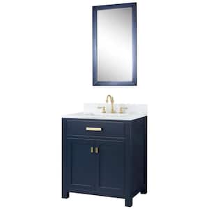 Madison 30 in. Bath Vanity in Monarch Blue with Marble Vanity Top in Carrara White with Ceramic White Basins and Mirror
