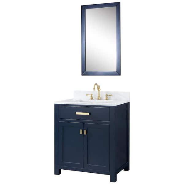 Madison 30in.Wx21.5in.Dx34in.H Single Sink Bath Vanity in Monarch Blue with Carrara White Marble Top, Faucet and Mirror