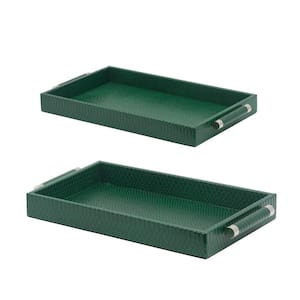 Green Faux Leather Rectangular Decorative Trays with Handles