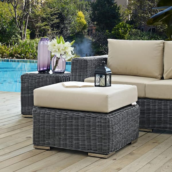MODWAY Summon Wicker Outdoor Patio Ottoman with Sunbrella Canvas Antique Beige Cushion EEI-1869-GRY-BEI - The Depot