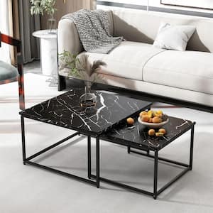 31.49 in. L Marble Black 17.32 in. H Square MDF Modern Nesting Coffee Tables Set with 2-Pieces