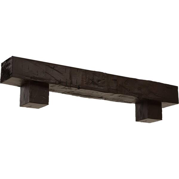 Ekena Millwork 6 in. x 6 in. x 3 ft. Hand Hewn Faux Wood Fireplace Mantel Kit, Alamo Corbels, Natural Mahogany