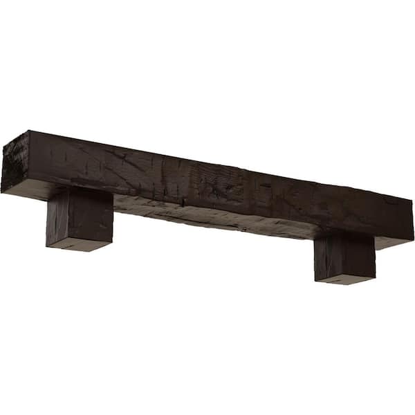 Ekena Millwork 6 in. x 6 in. x 5 ft. Hand Hewn Faux Wood Fireplace Mantel Kit with Alamo Corbels, Natural Mahogany