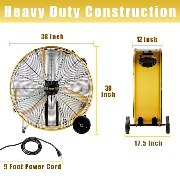 HICFM 36 in. Yellow Industrial Drum Fan, 21100 CFM, 2-Speed, 4/5 HP, Heavy Duty, Casters and Handle,Warehouse and Garage