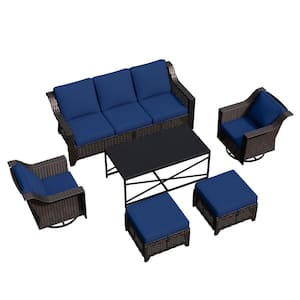 6-Piece Wicker Swivel Rocking Chairs Outdoor Patio Conversation Set with Beige Cushions and Coffee Table