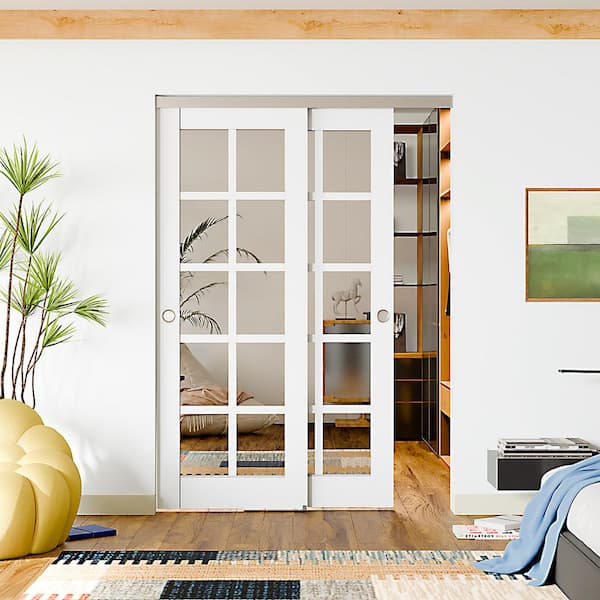 60 in. x 80 in. White, Solid Core, MDF Painted Double 10-Lite Mirrored Glass Bypass Sliding Door with Aluminum Hardware