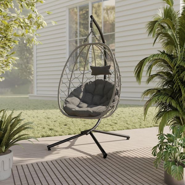 Leisuremod Summit Modern Outdoor Single Person Porch Swing Chair in Grey Metal Frame with Removable Cushions, Grey