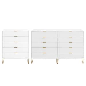 DUMBO White 2-Piece Modern 5-Drawer 35.19 in. Dresser and 10-Drawer 69.68 in. Double Dresser Set