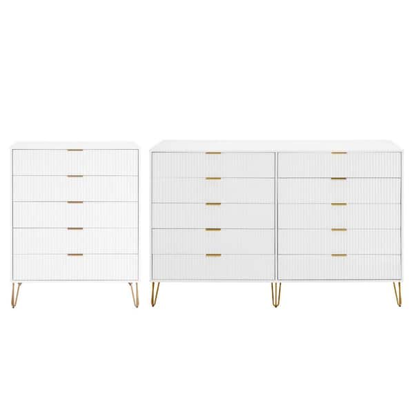 Manhattan Comfort DUMBO White 5-Drawer 35.19 in. Dresser and 10-Drawer 69.68 in. Double Dresser with SNAP Tool-Free Assembly