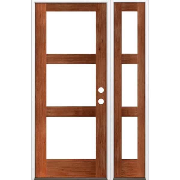Krosswood Doors 46 in. x 80 in. Modern Hemlock Left-Hand/Inswing Clear Glass Red Chestnut Stain Wood Prehung Front Door with Sidelite