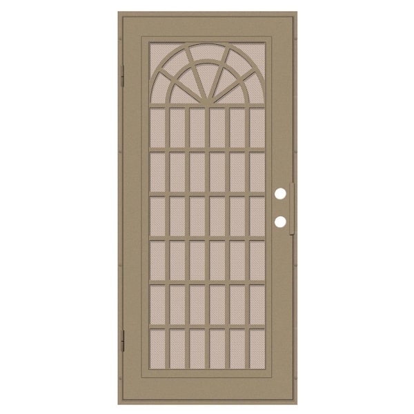 Unique Home Designs Trellis 30 in. x 80 in. Right Hand/Outswing Desert Sand Aluminum Security Door with Desert Sand Perforated Metal Screen