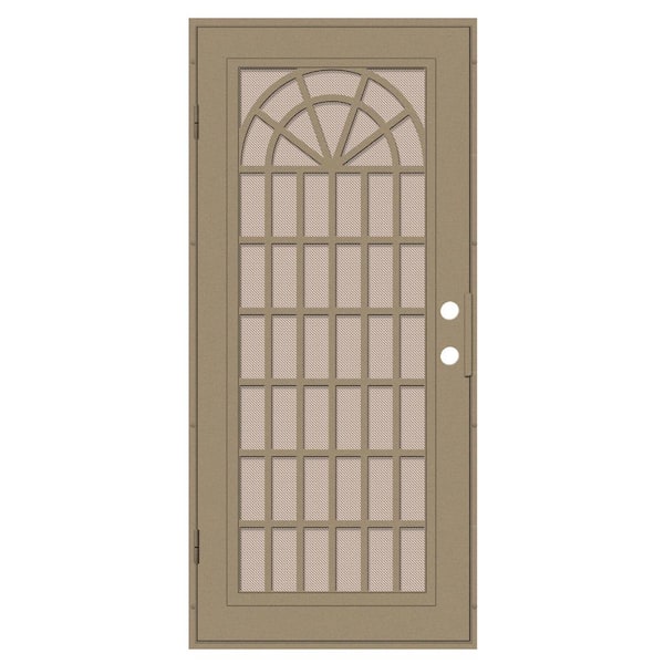 Trellis 32 in. x 80 in. Right Hand/Outswing Desert Sand Aluminum Security Door with Desert Sand Perforated Metal Screen