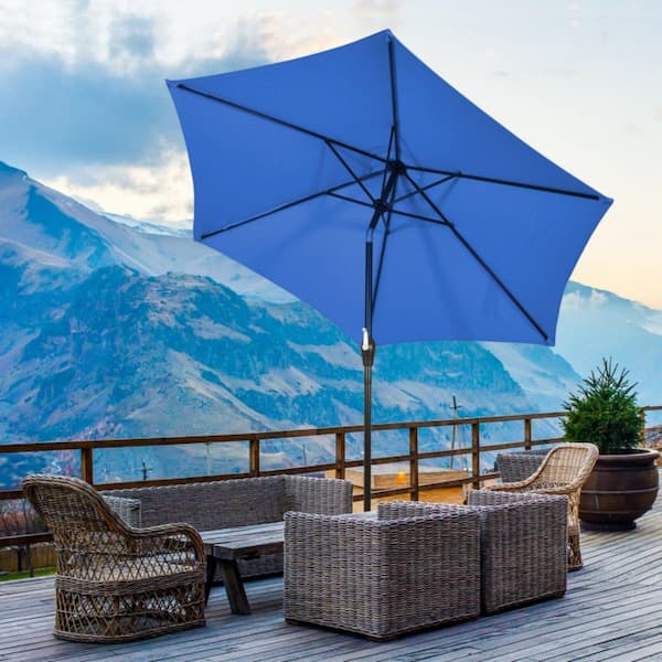 9 ft. Outdoor Market Patio Table Umbrella in Blue Push Button Tilt Crank Lift without Weight Base
