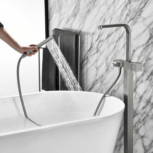 Vara 1-Handle 41.5 in. H Freestanding Tub Faucet with Hand Shower and 360° Swivel Spout in Brushed Nickel