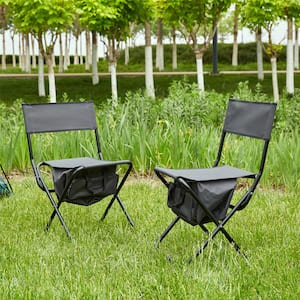 2-Piece Gray Metal Folding Outdoor Lawn Chair with Storage Bag