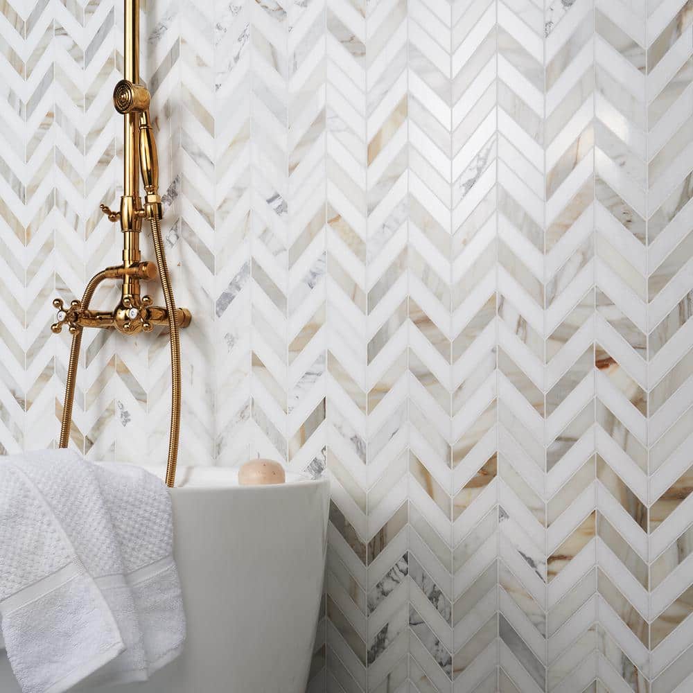 Calacatta and Thassos Marble Chevron Mosaic Tile