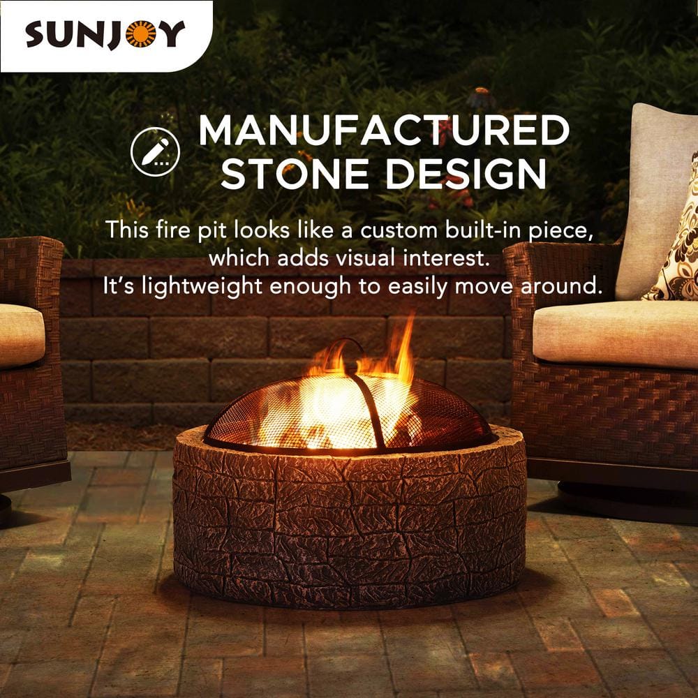 Gray Stone and Steel Wood-Burning Fire Pit with Mesh Screen