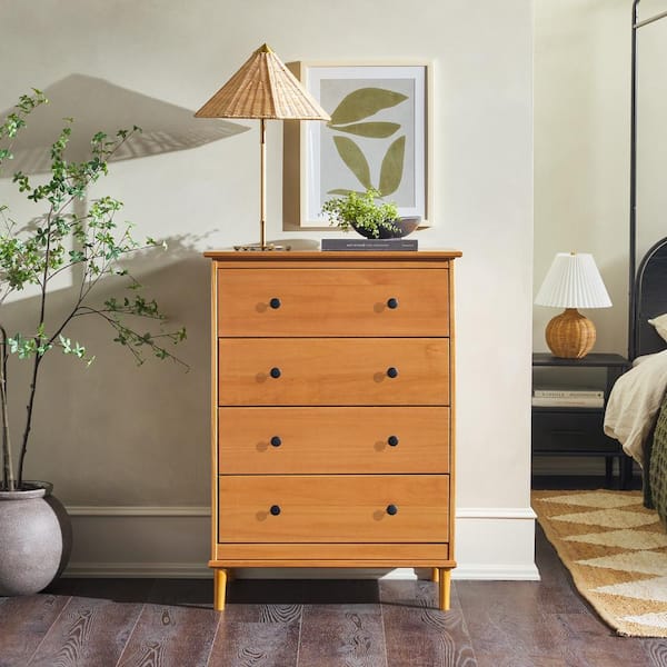Walker Edison Furniture Company Transitional Caramel Solid Wood 4-Drawer 28 in. Framed Chest of Drawers