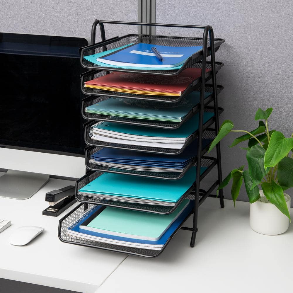 Black Metal Mesh 7-Tier Letter Tray Organizer with Handle