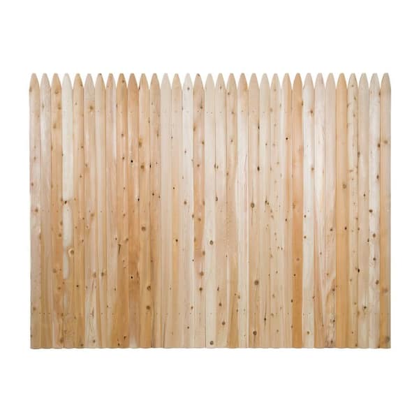 Unbranded 6 ft. H x 8 ft. Privacy Flat Eastern White Cedar Molded 3 in. Stockade Pointed Picket Wood Fence Panel